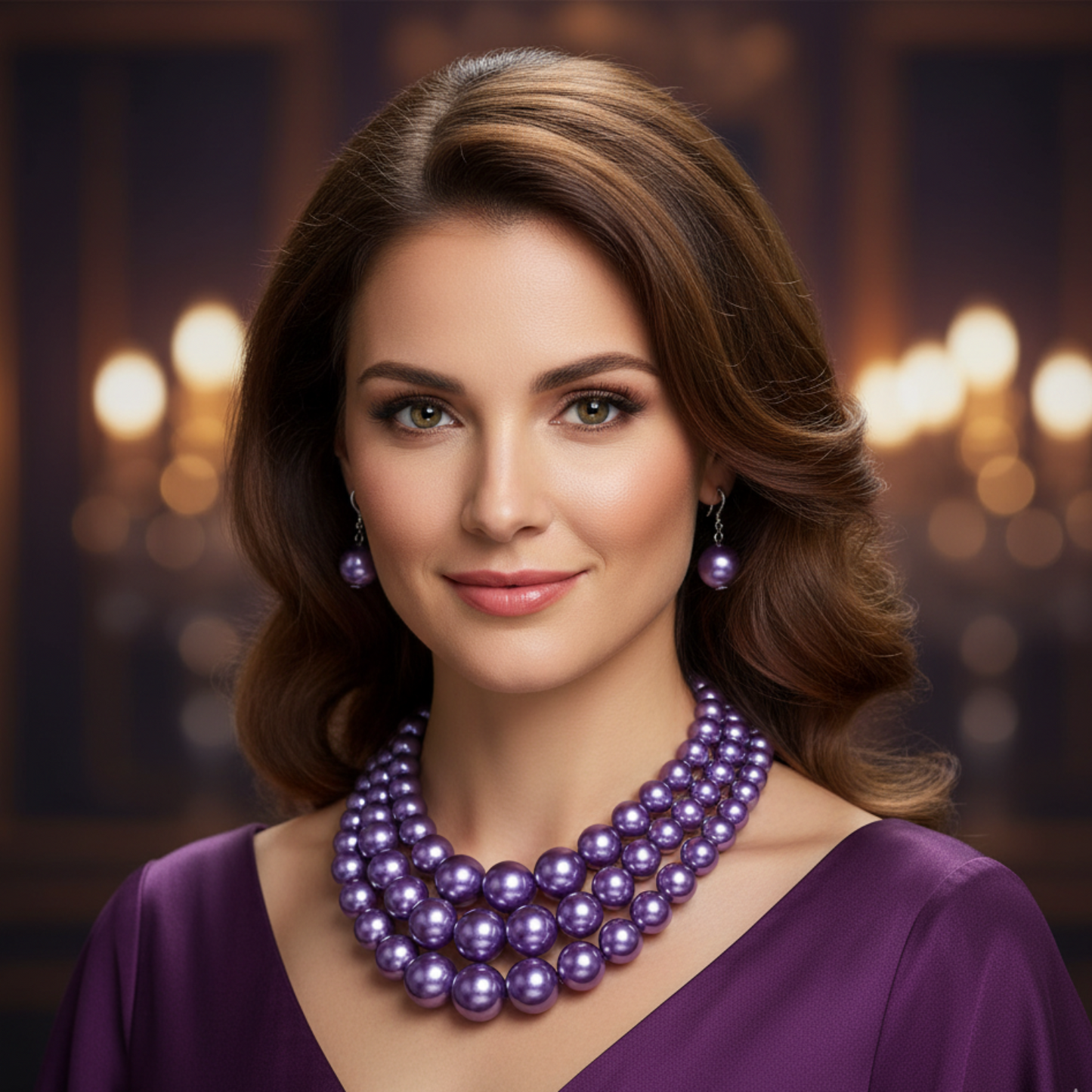 Woman wearing a Lavender pearl necklace with a blurred background