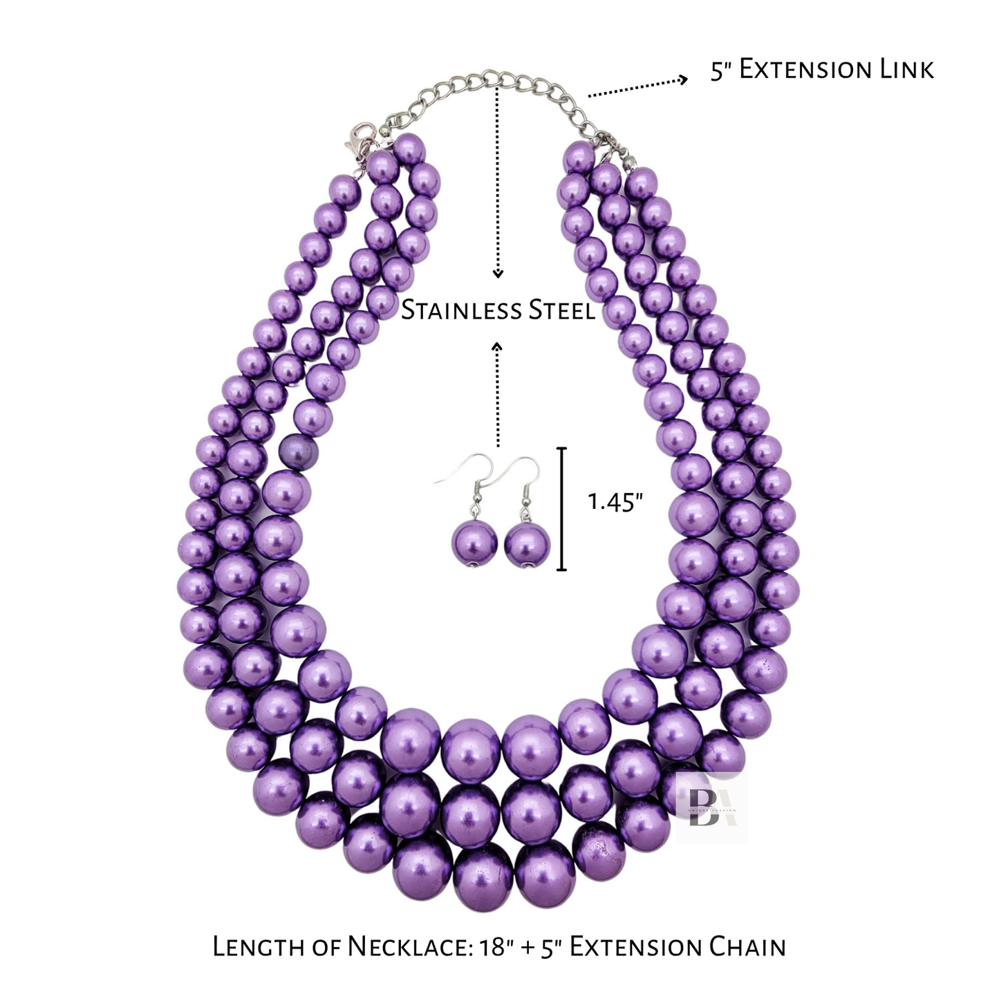 Lavender pearl necklace with extension chain and earring set on a white background