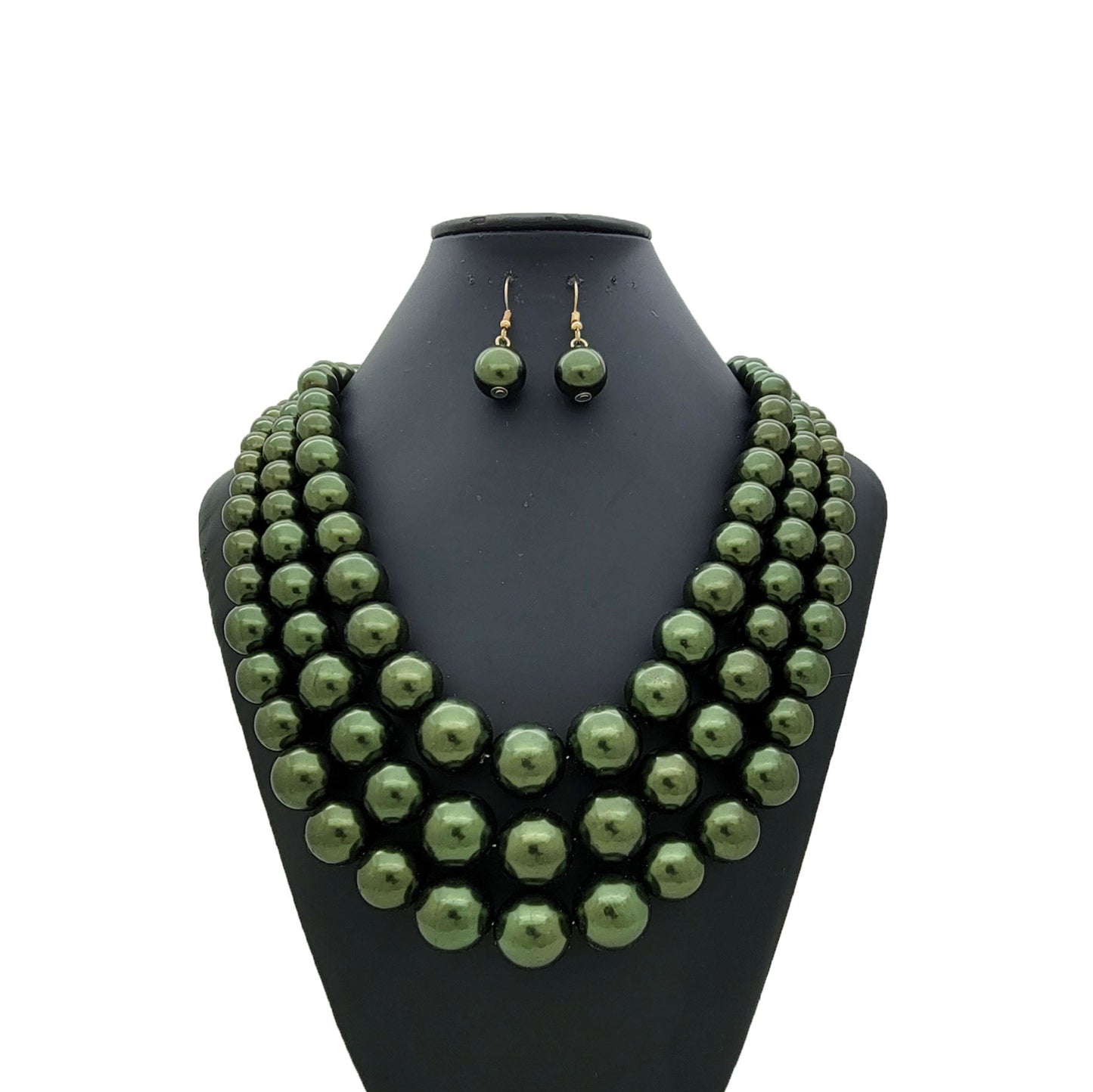 Olive Green beaded necklace and earrings on a black mannequin bust against a white background