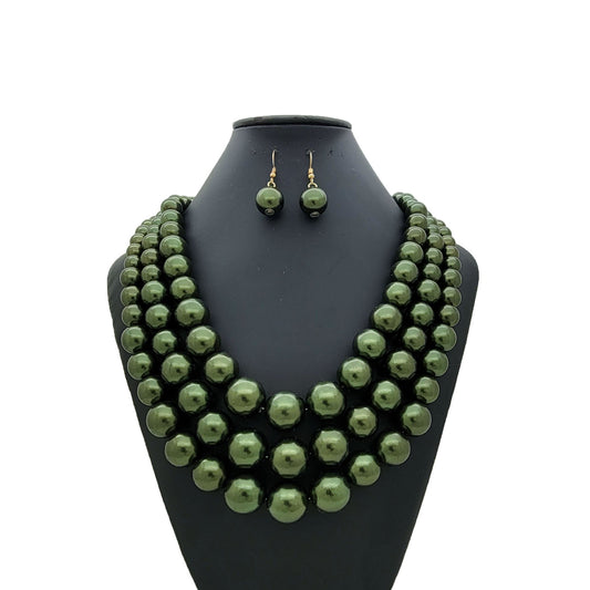 Olive Green beaded necklace and earrings on a black mannequin bust against a white background