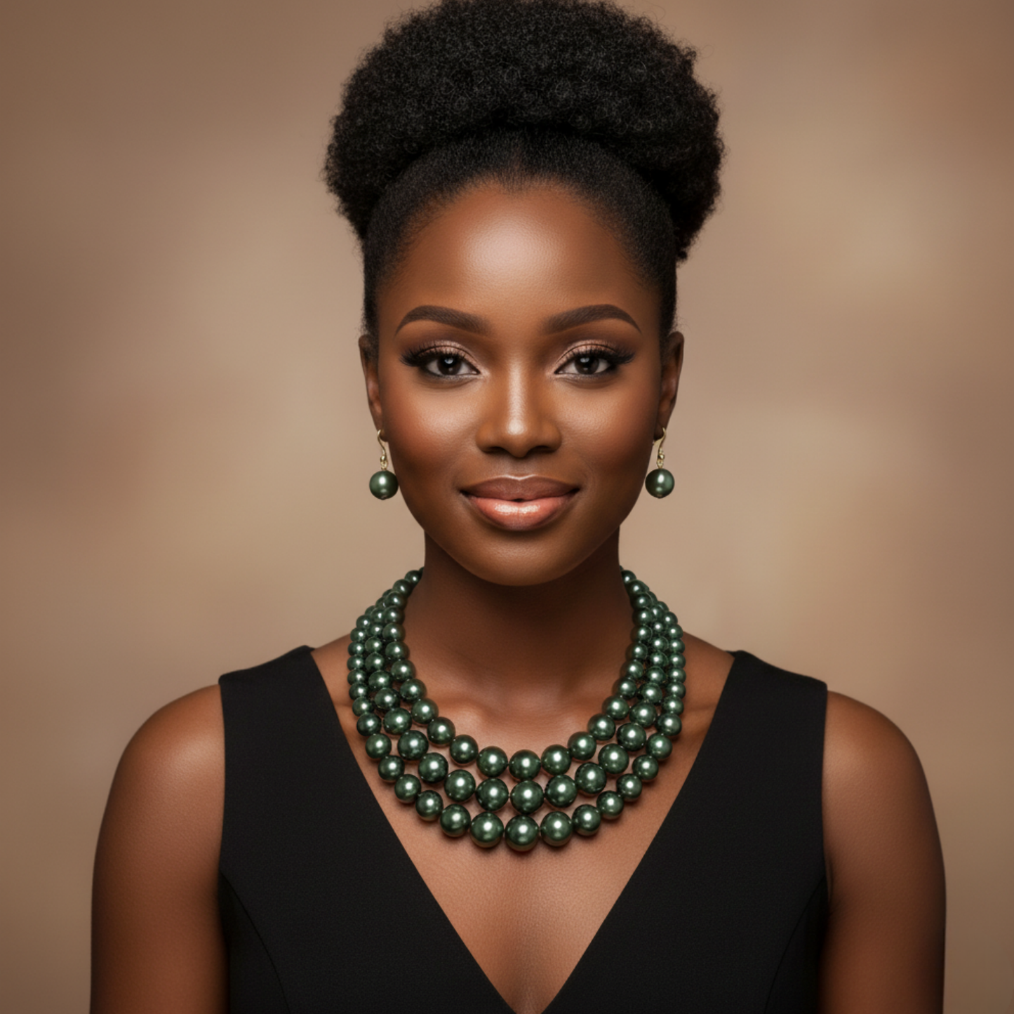 Woman wearing a Olive green pearl necklace against a brown background