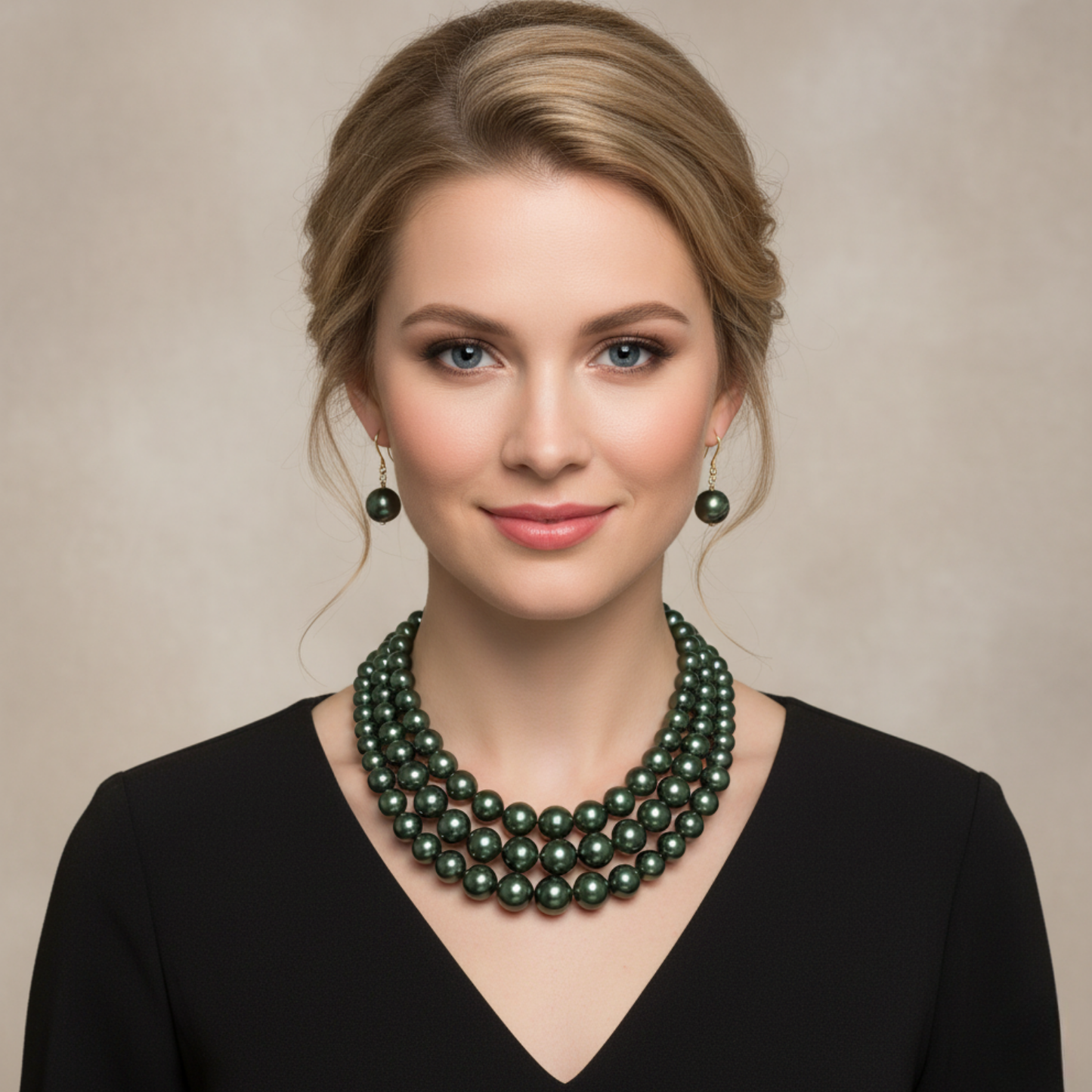 Woman wearing a Olive green pearl necklace against a neutral background