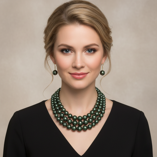 Woman wearing a Olive green pearl necklace against a neutral background