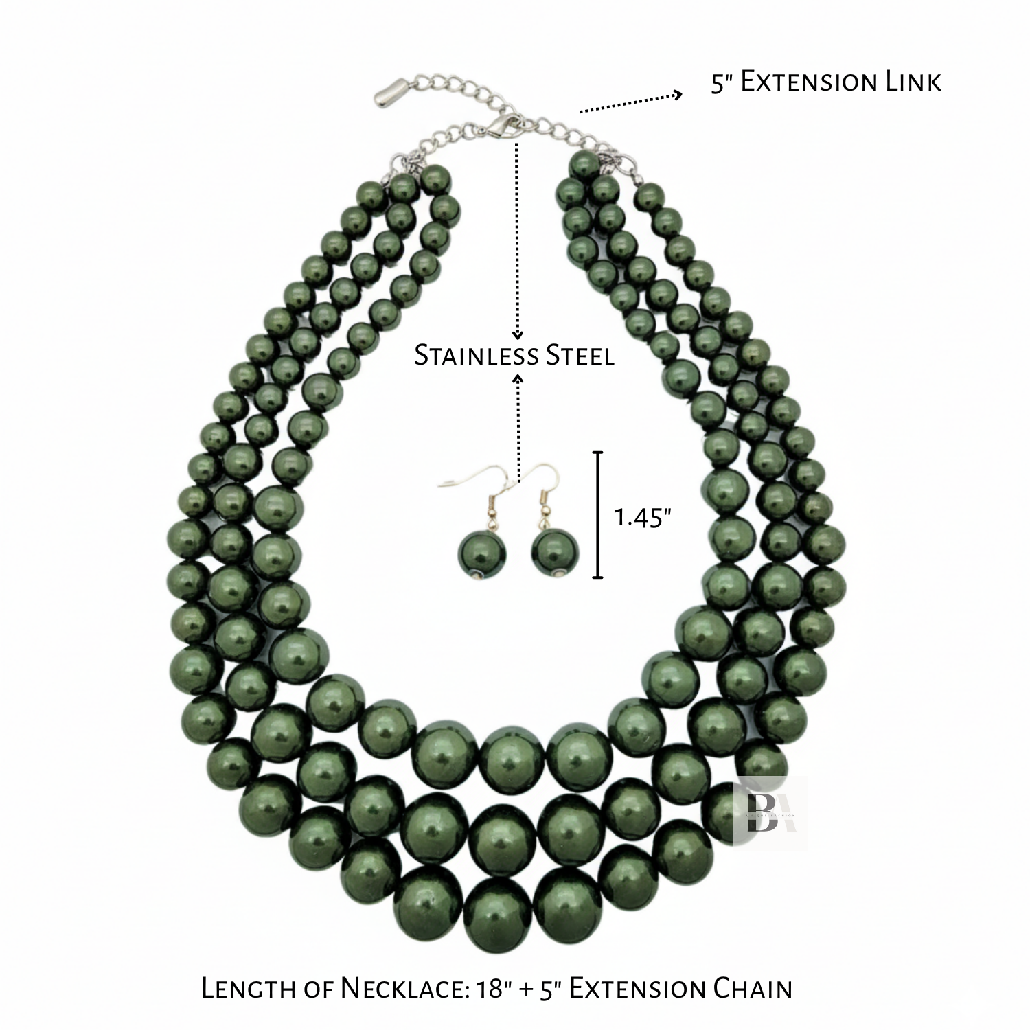 Olive Green pearl necklace with extension chain and earrings on a white background