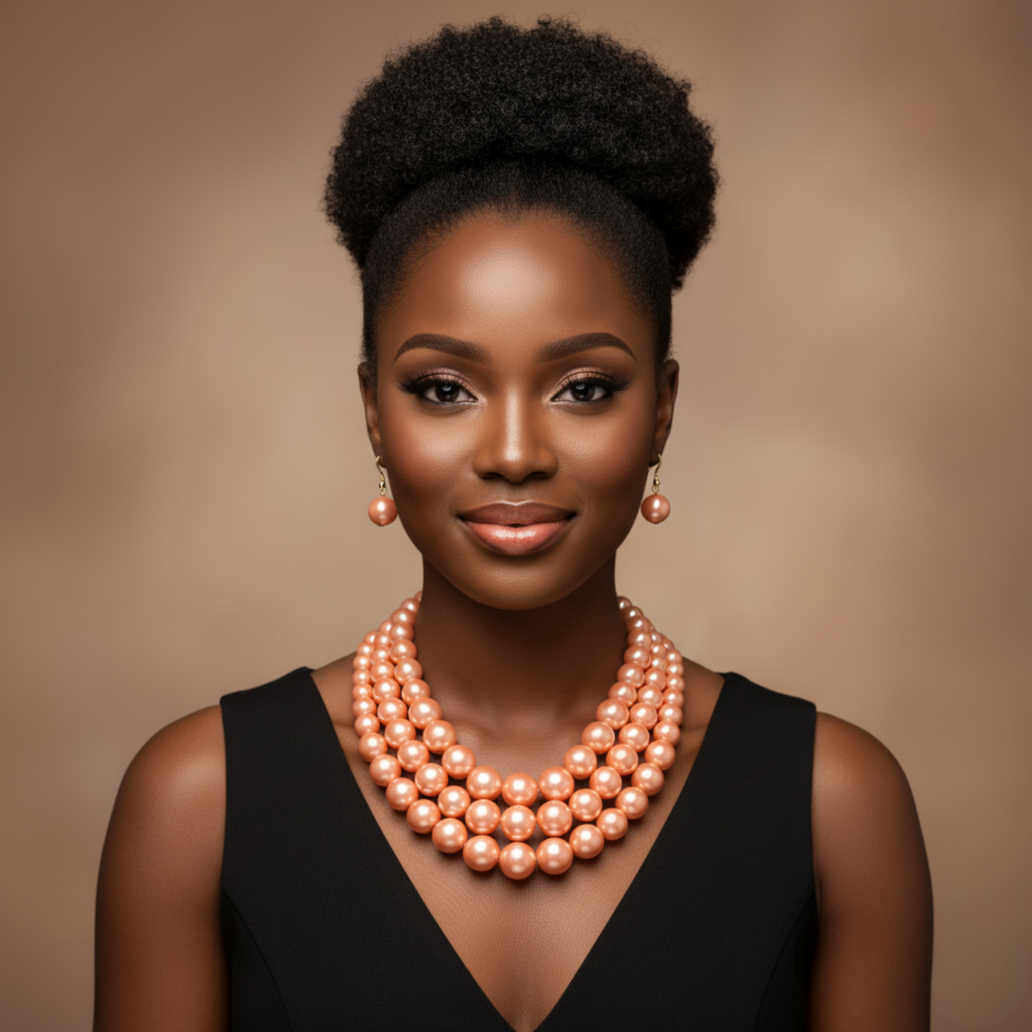 Woman wearing a Peach pearl necklace and earrings against a brown background