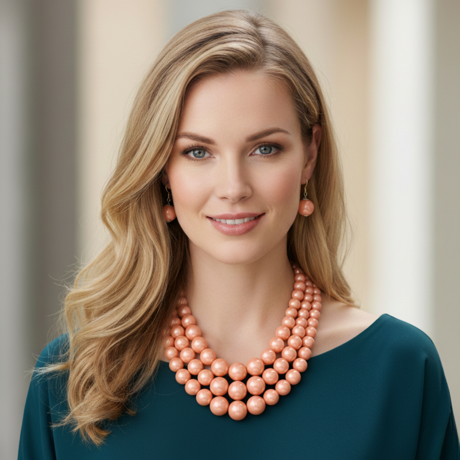 Woman wearing a large Peach pearl necklace against a neutral background