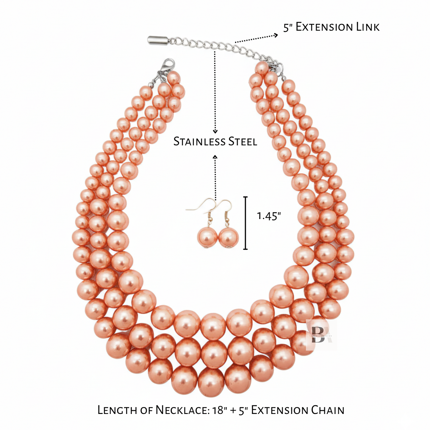 Peach pearl necklace with extension chain and matching earrings on a white background