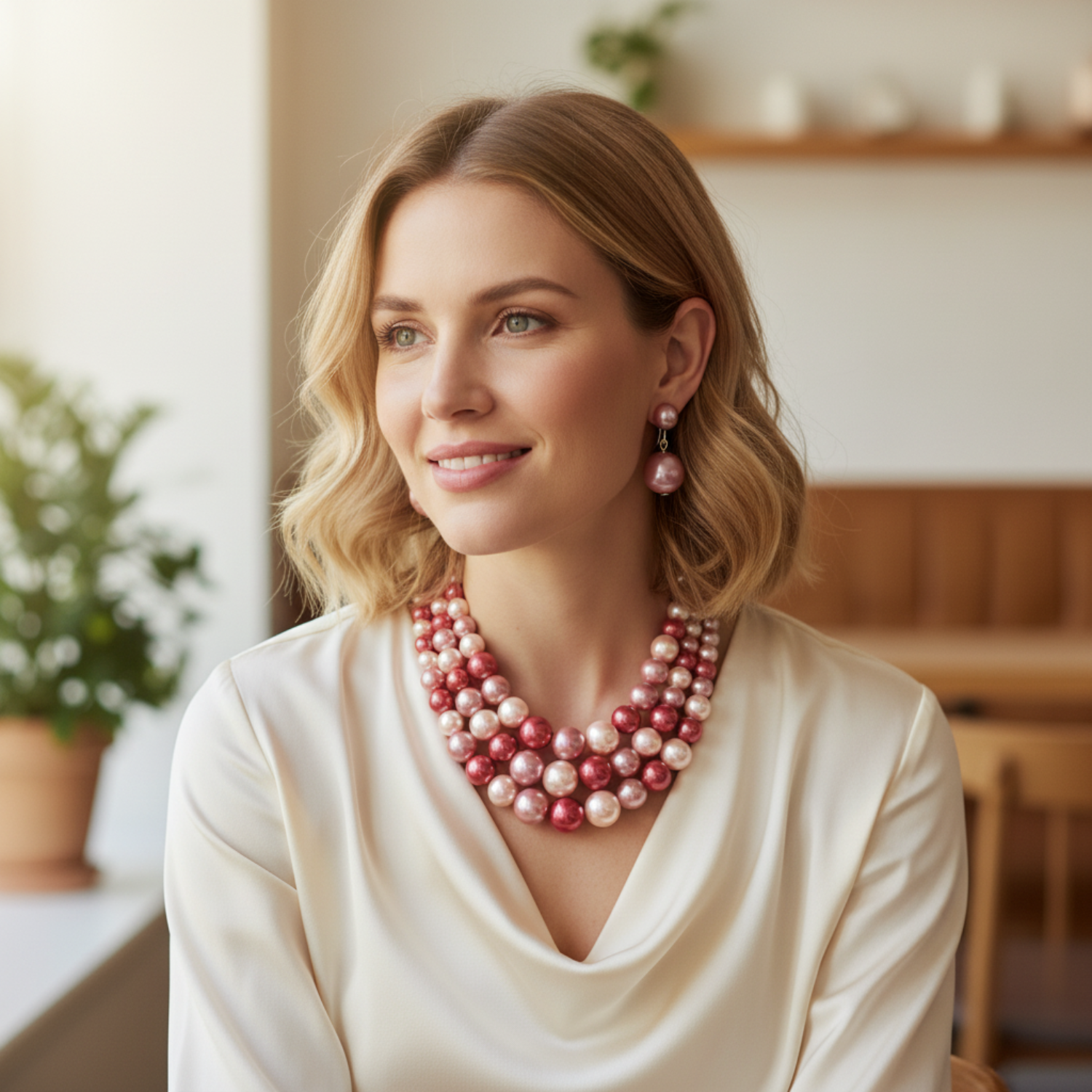 Woman wearing a pearl necklace and earrings in a home setting