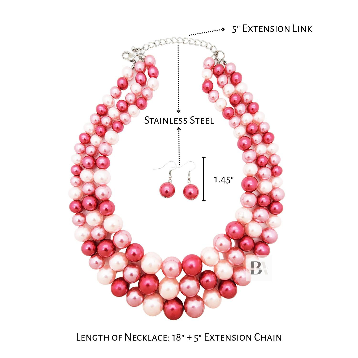 Pink and white pearl necklace with extension chain on a white background