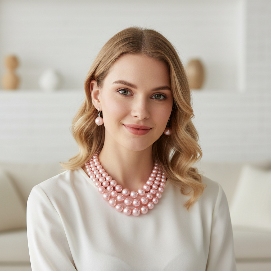 3 Layered Simulated Pearl Necklace and Earring Set for Women - Pink