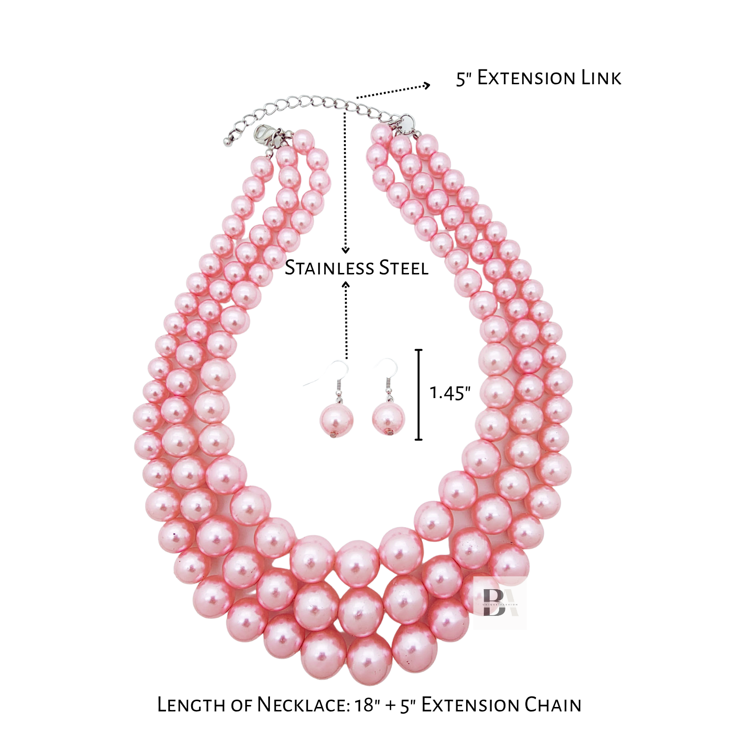 Pink pearl necklace with extension chain and earring on a white background
