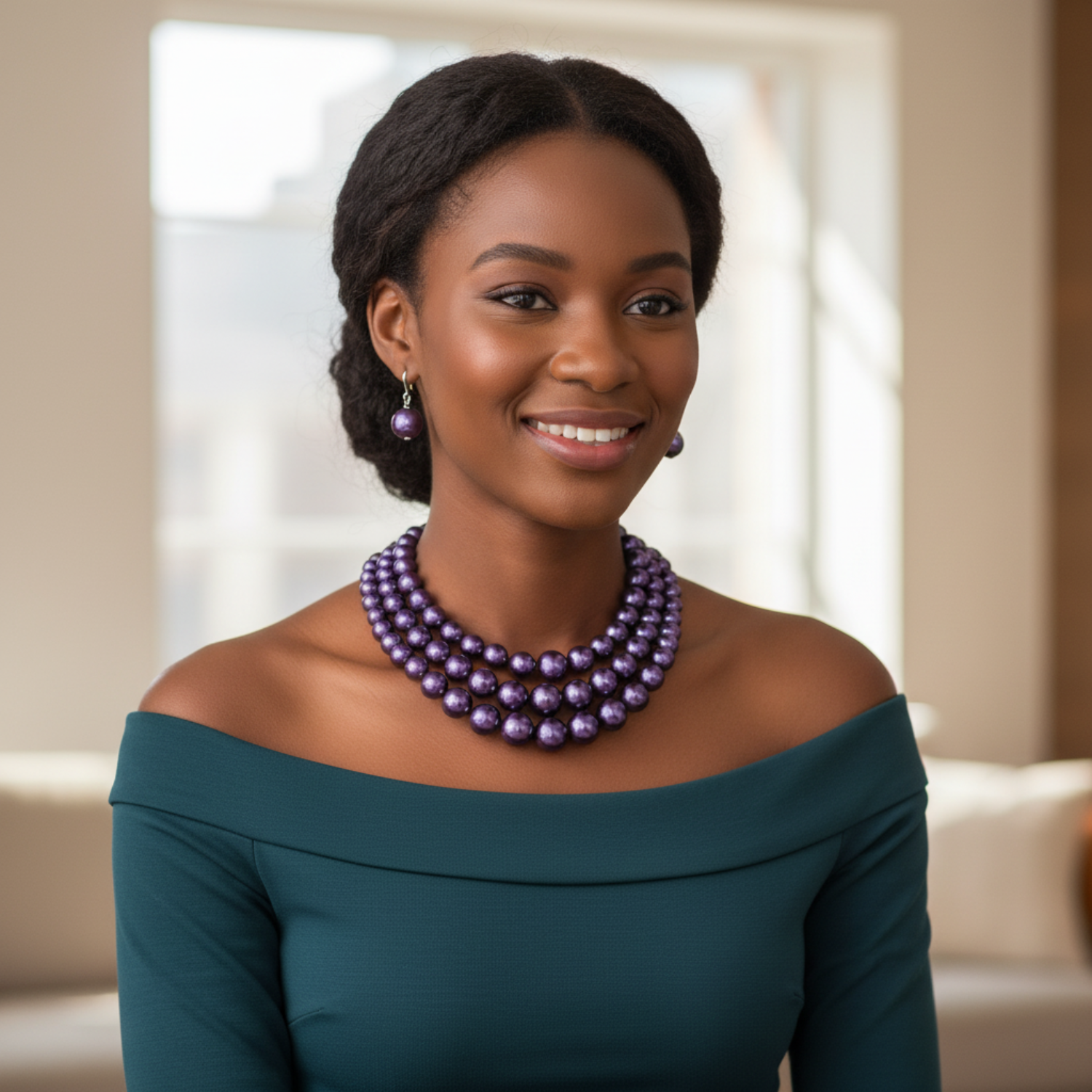 Woman wearing a teal off-shoulder top and purple pearl necklace with earrings.