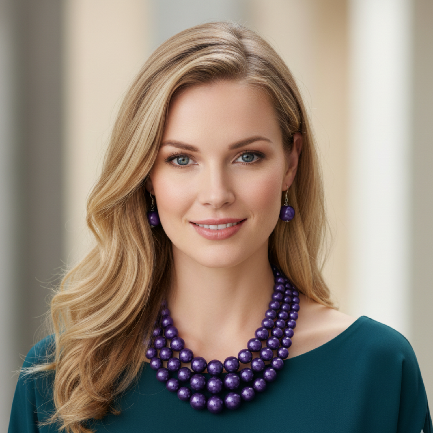 Woman wearing a purple pearl necklace and earrings against a neutral background