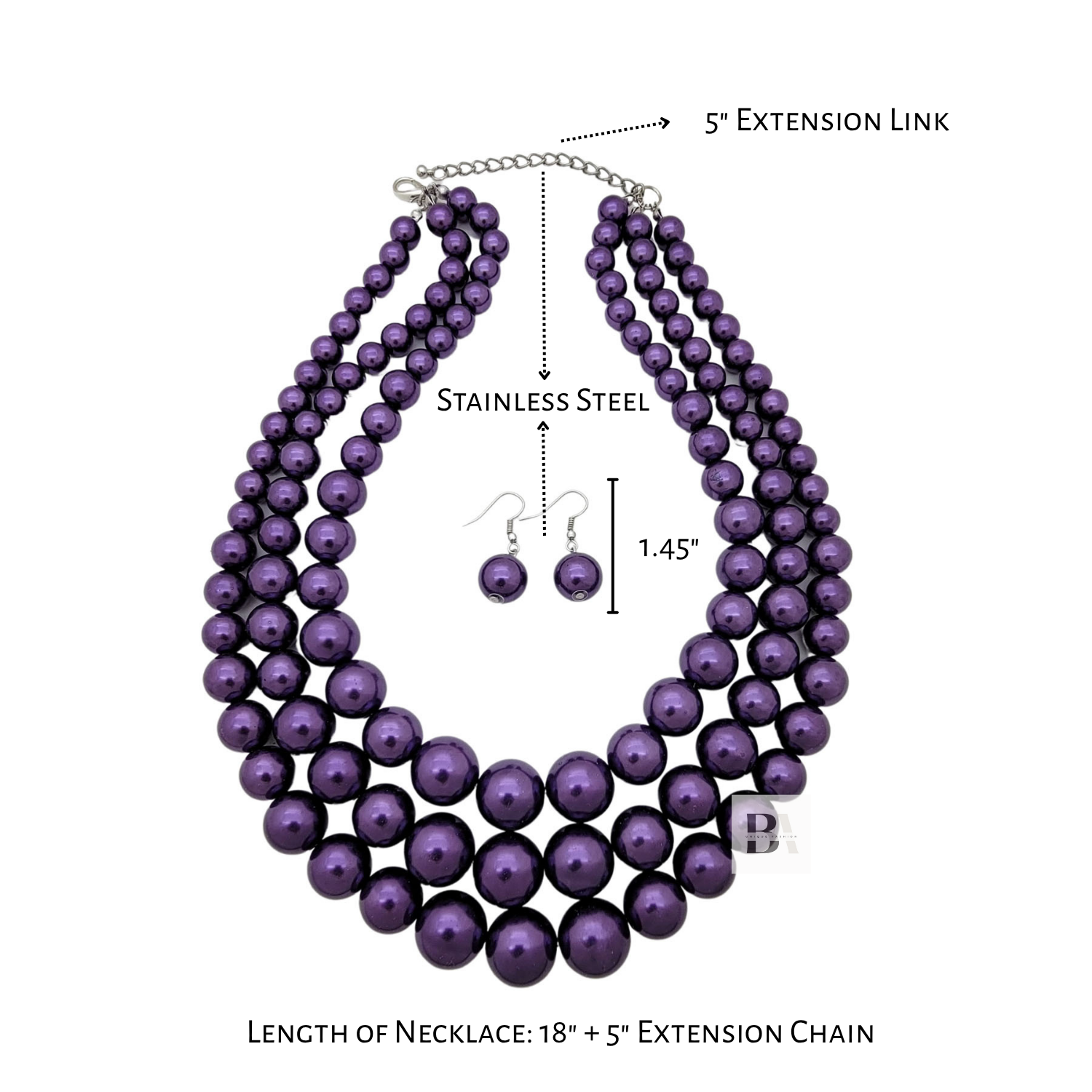 Purple pearl necklace with extension chain and matching earrings on a white background