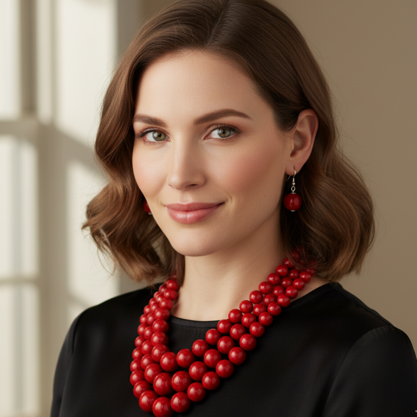 Woman wearing a red necklace and earrings indoors