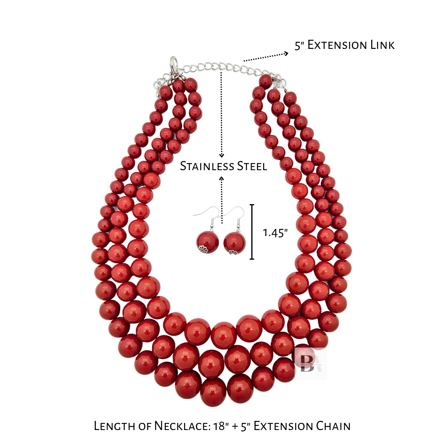 Red beaded necklace with extension chain and earrings on a white background