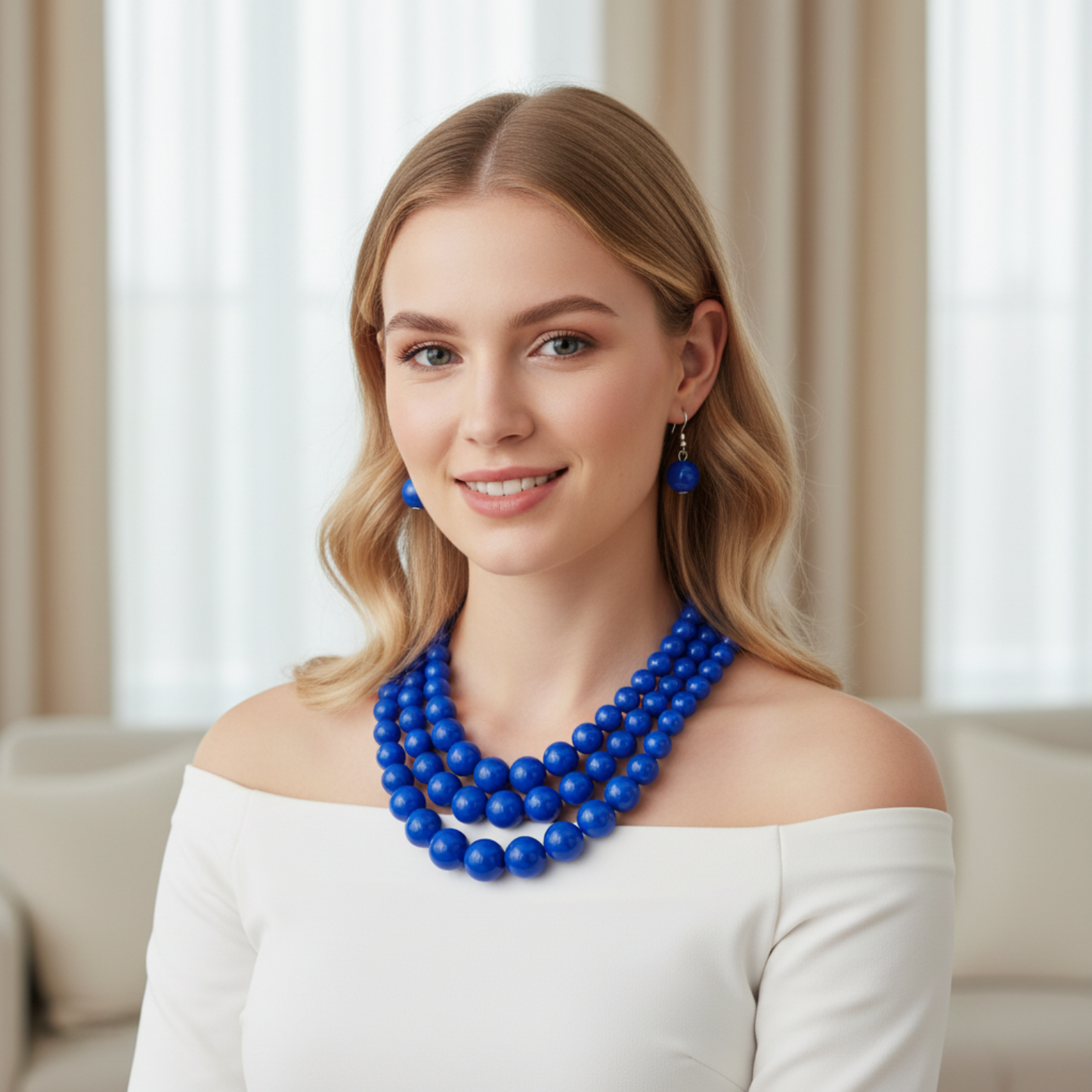 Woman wearing a blue necklace and earrings indoors
