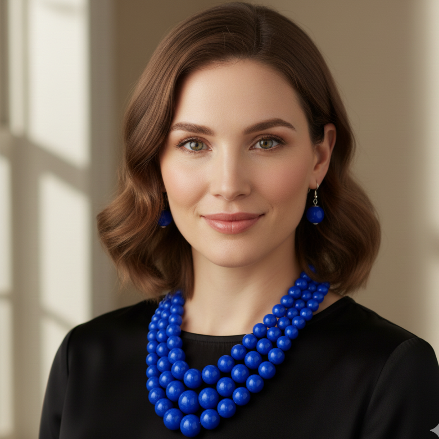 Woman wearing a blue necklace and earrings indoors