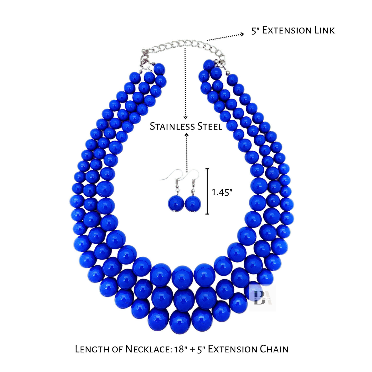 Blue beaded necklace with extension chain and earring on a white background