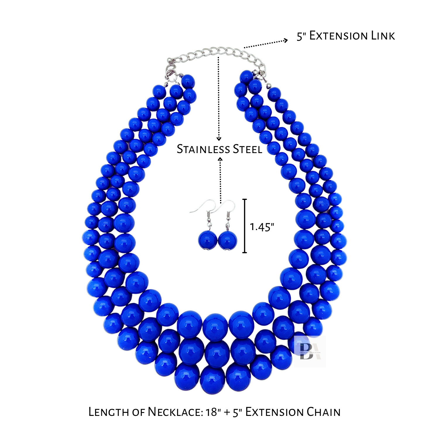 Blue beaded necklace with extension chain and earring on a white background