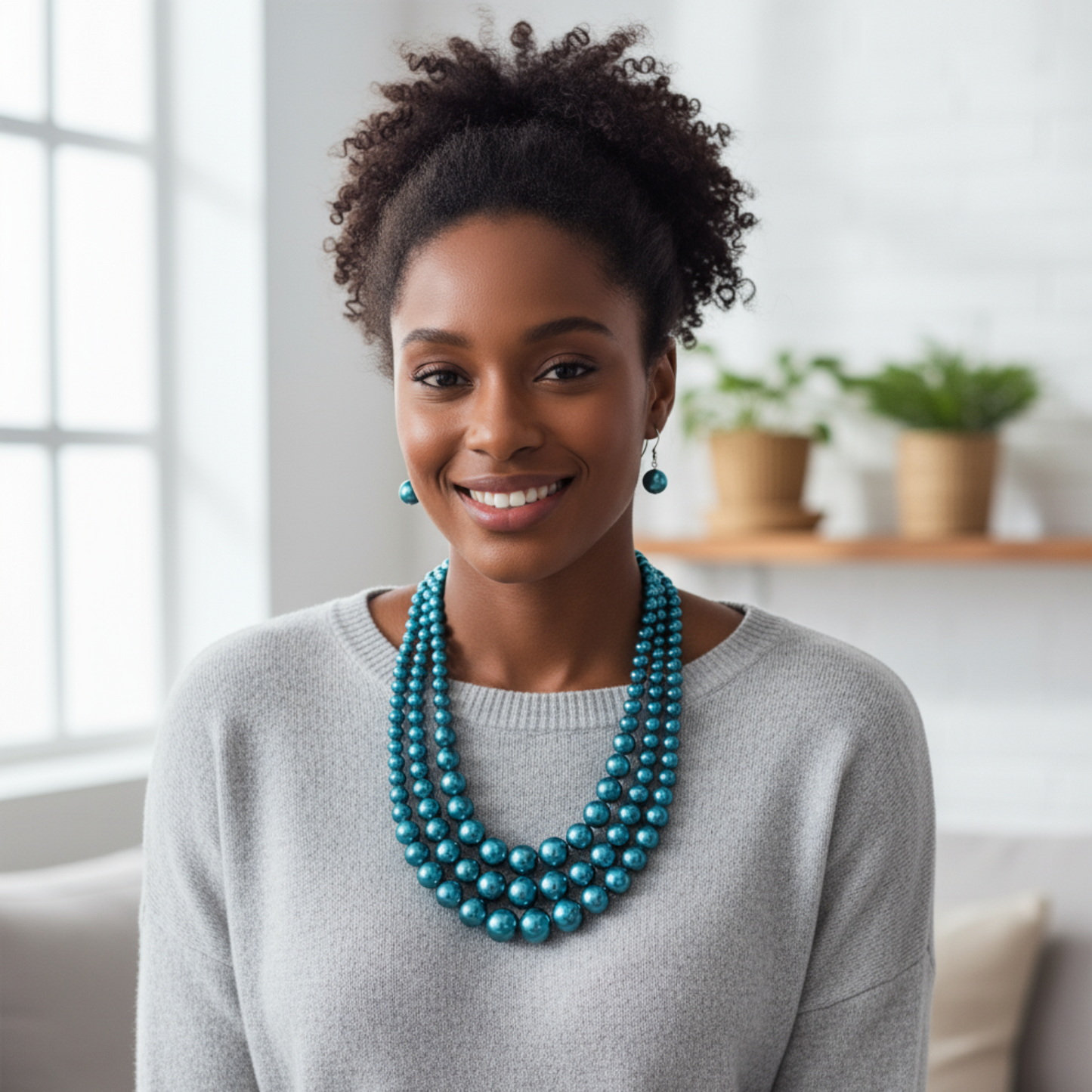 Woman wearing a blue beaded necklace in a home setting