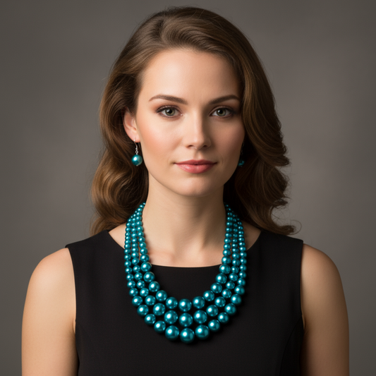 Woman wearing a turquoise necklace and earrings against a gray background