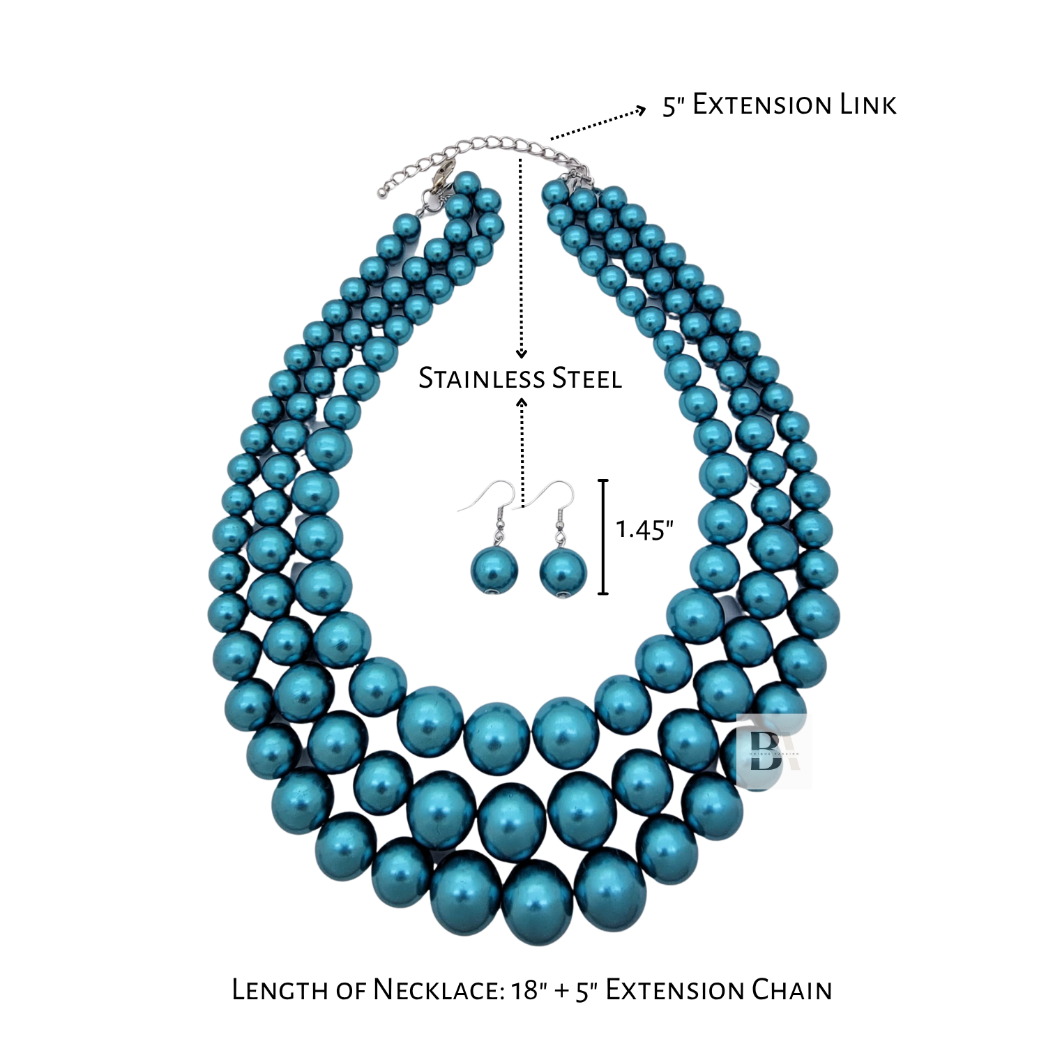 Blue pearl necklace with extension link and earring set on a white background