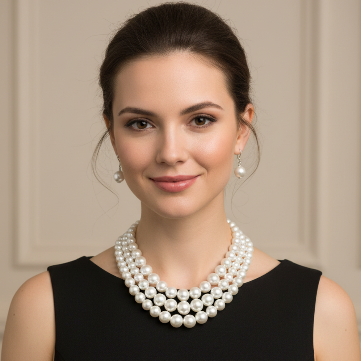Woman wearing a pearl necklace against a neutral background