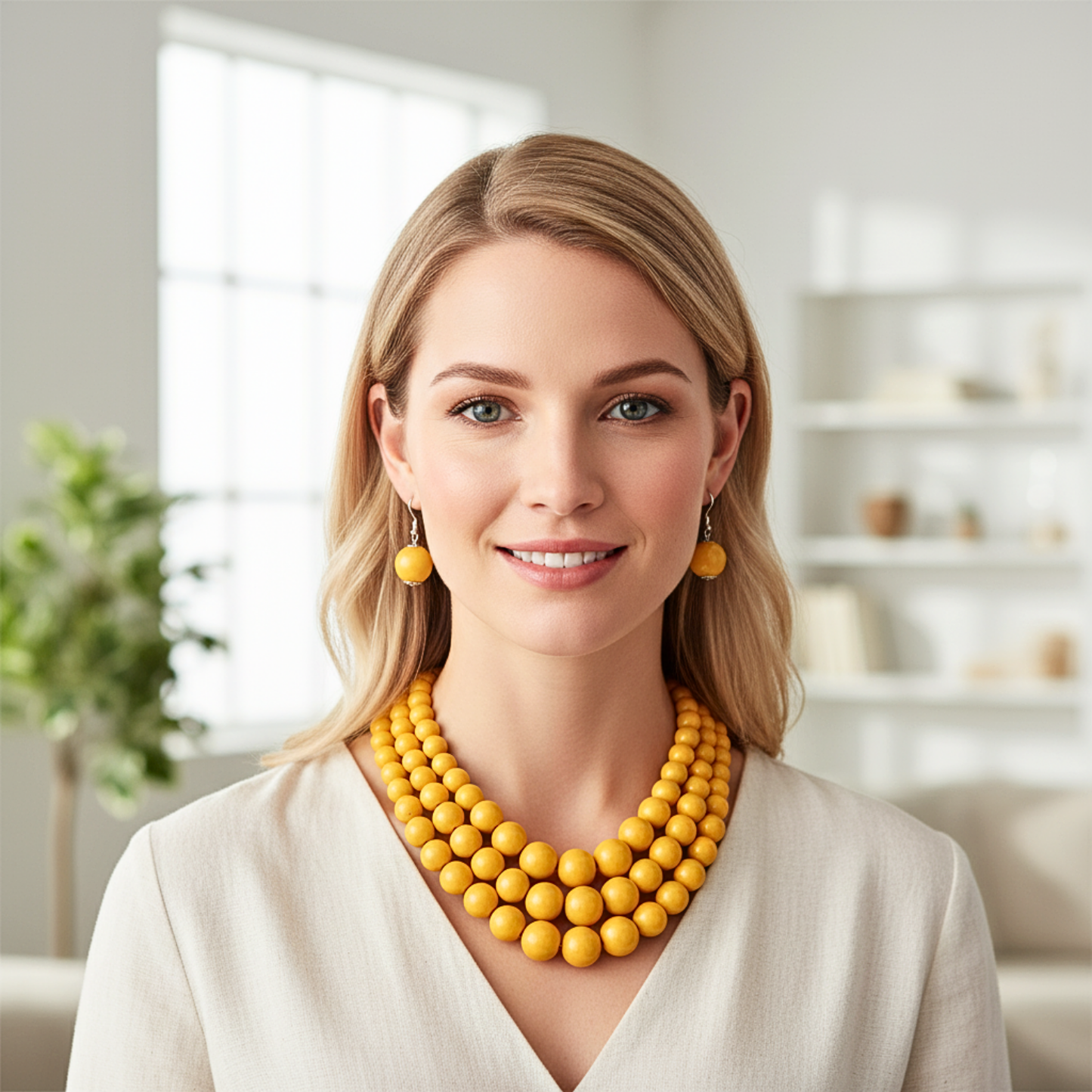 Woman wearing a yellow necklace in a bright room