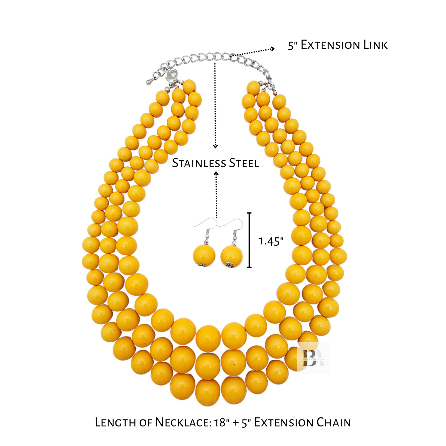 Yellow beaded necklace with extension chain and earring on a white background