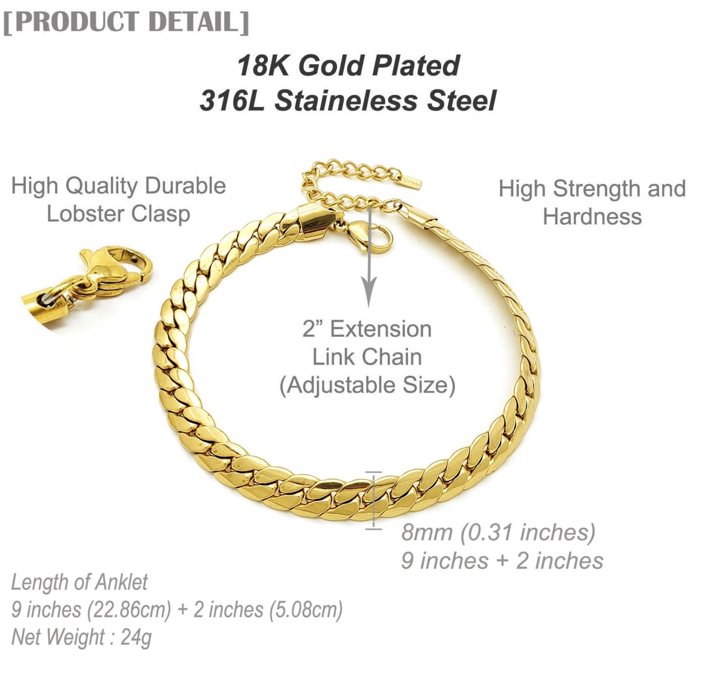 Gold bracelet with adjustable chain and lobster clasp on a white background