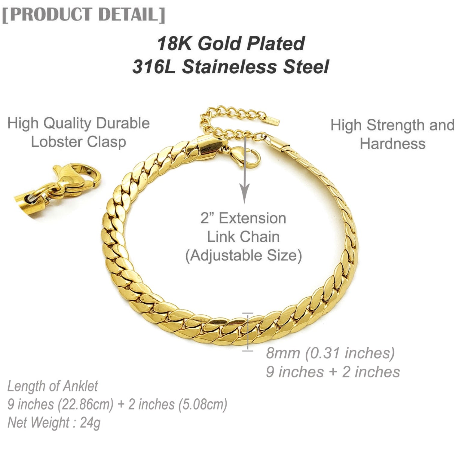 Gold bracelet with adjustable chain and lobster clasp on a white background