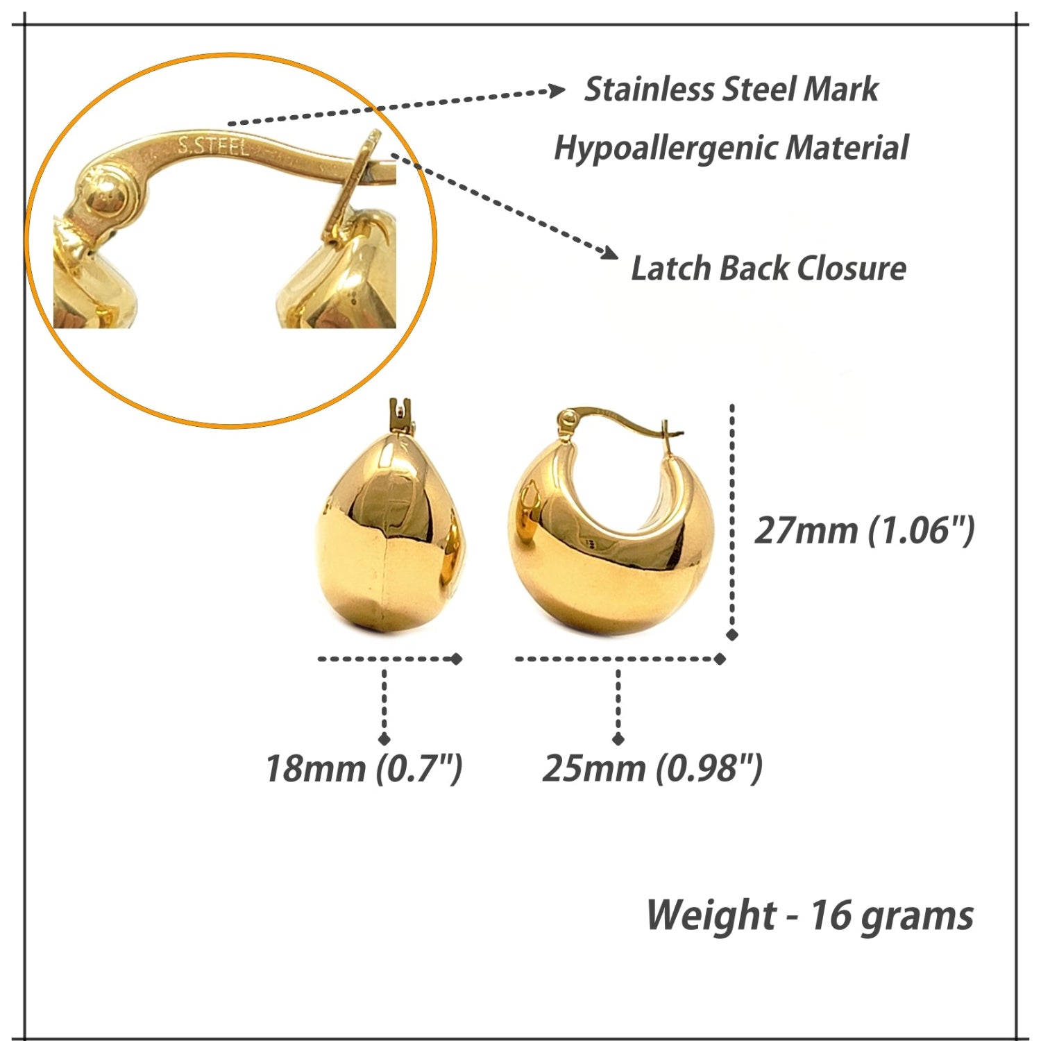 Gold earrings with measurements and material details on a white background