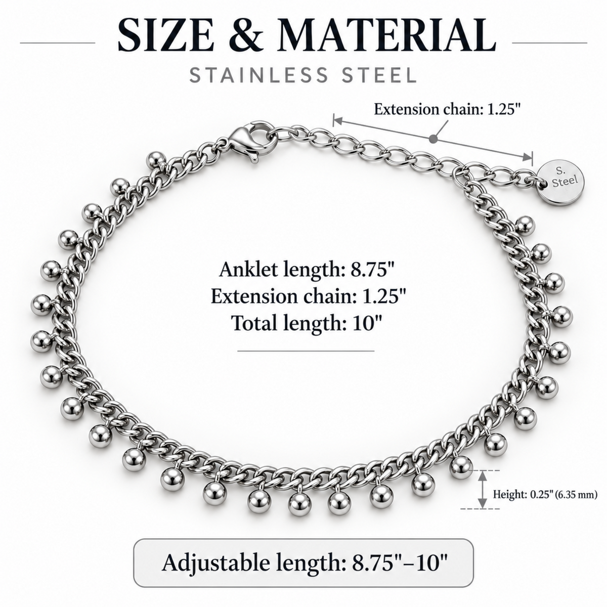 Showing stainless steel ball charm anklet's size and material