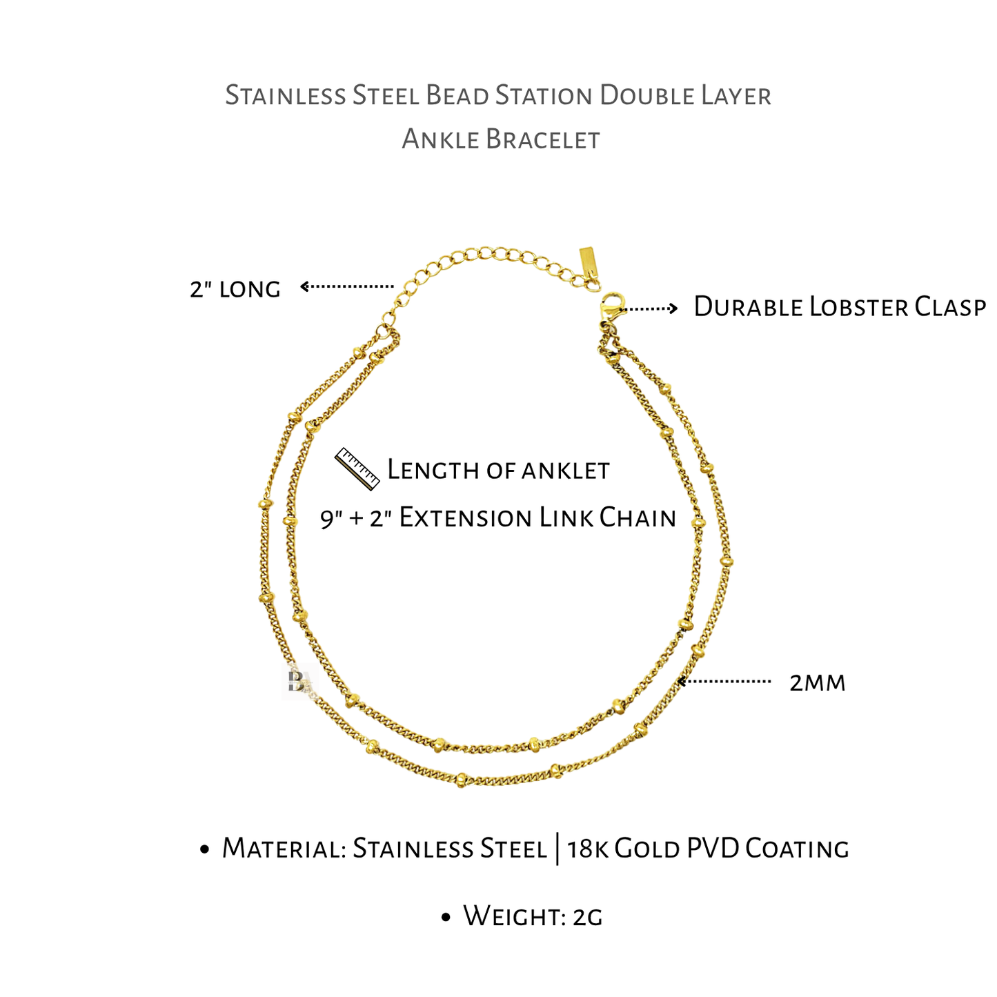 Gold stainless steel bead station double layer ankle bracelet with labeled features on a white background
