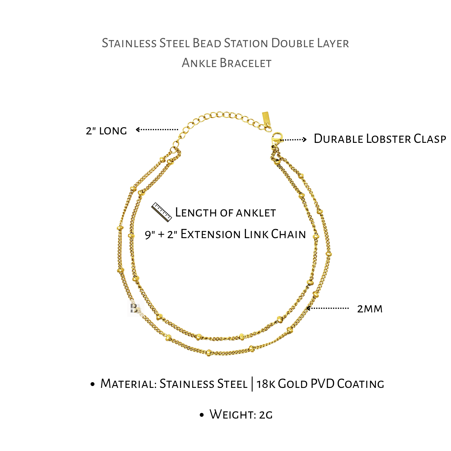 Gold stainless steel bead station double layer ankle bracelet with labeled features on a white background