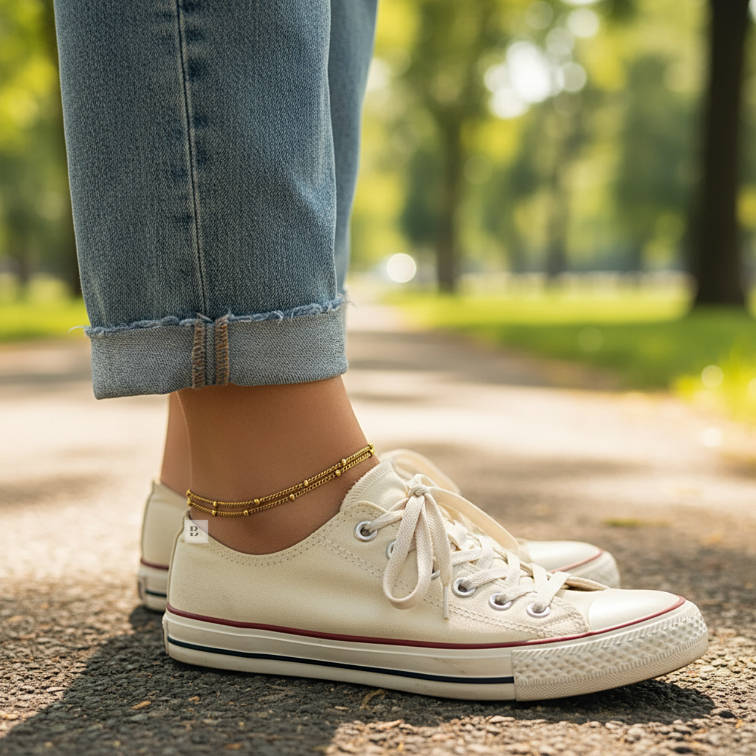 Wearing Double layer anklet white sneakers with red accents worn outdoors on a paved path.