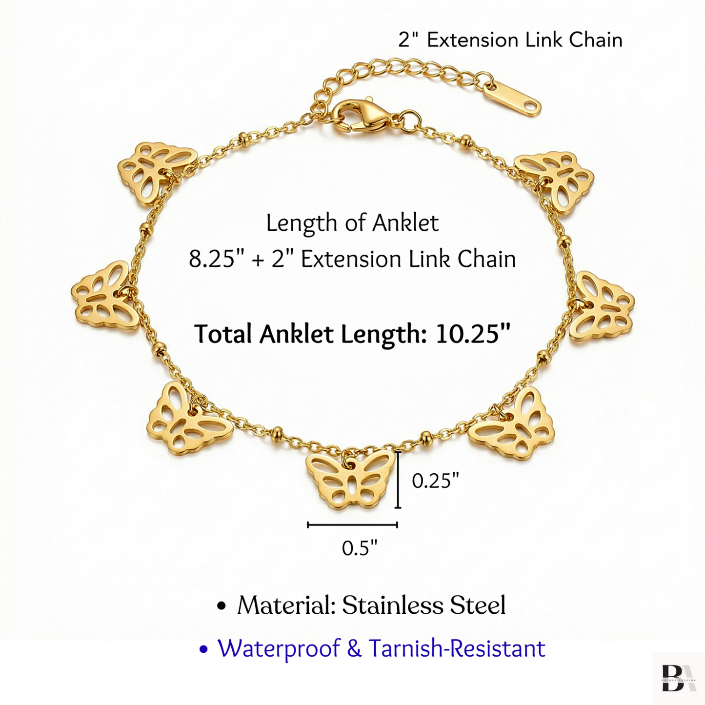 Gold Butterfly Charms anklet detail and size