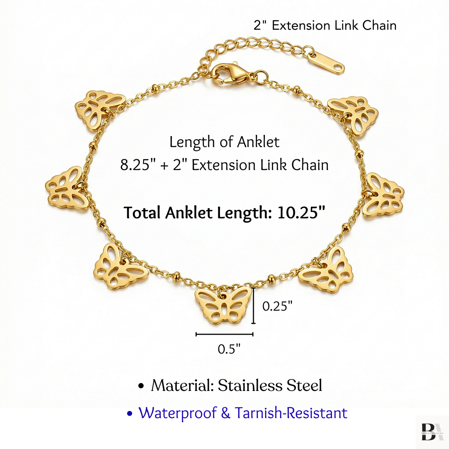 Gold Butterfly Charms anklet detail and size