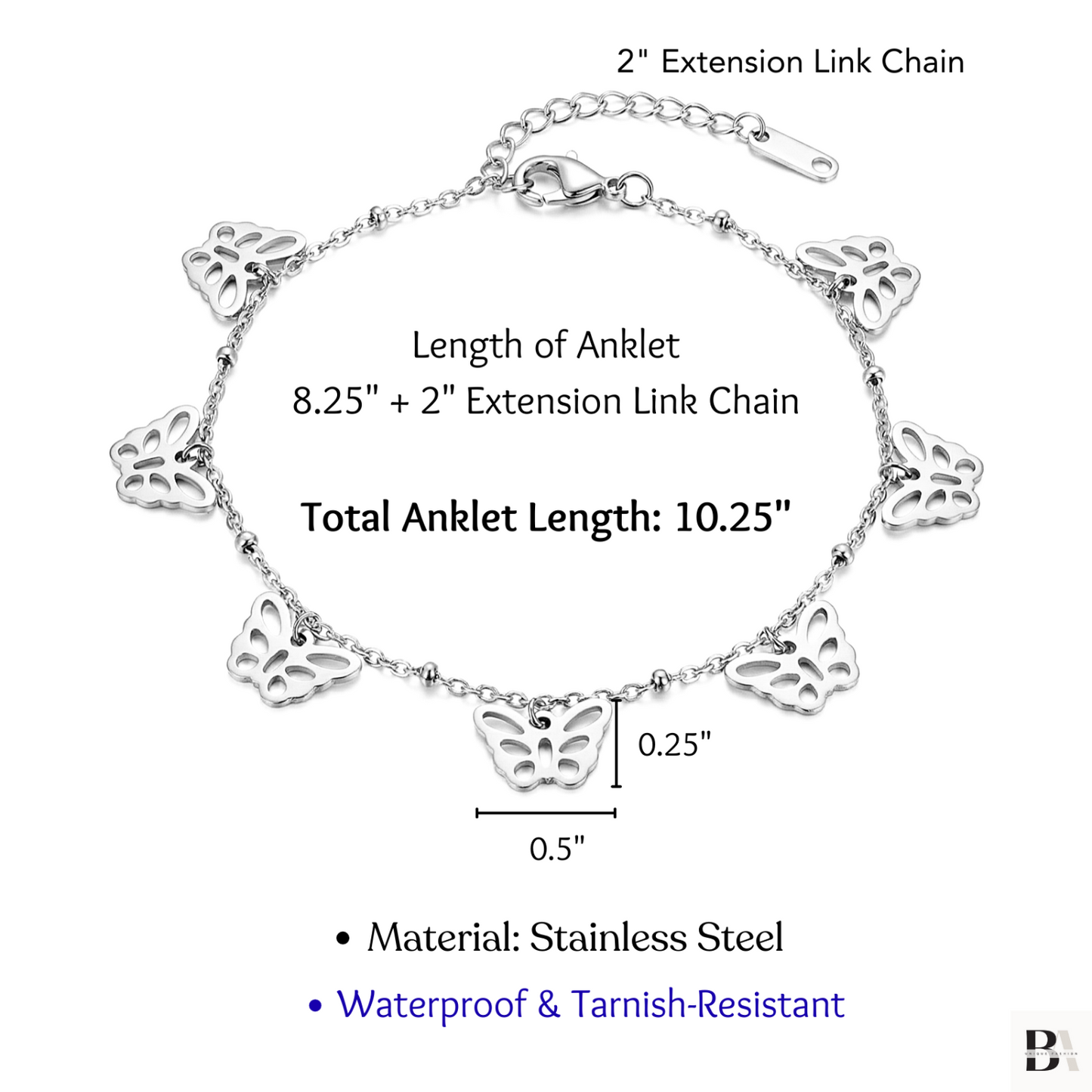 Silver Butterfly Charms Anklet Size and detail