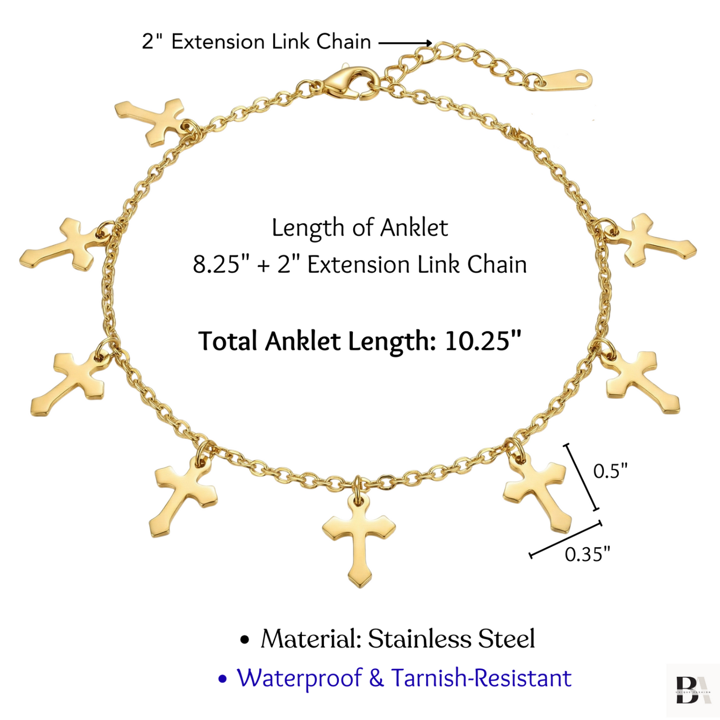 Showing Stainless Steel Cross Charm anklet detail and size
