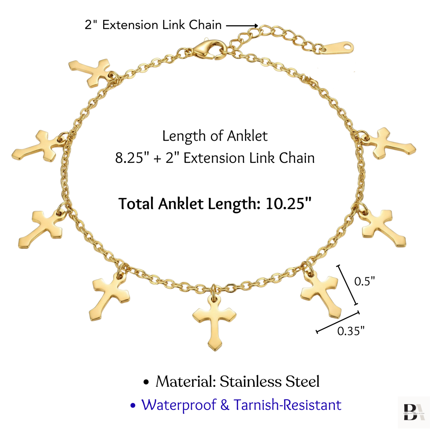 Showing Stainless Steel Cross Charm anklet detail and size
