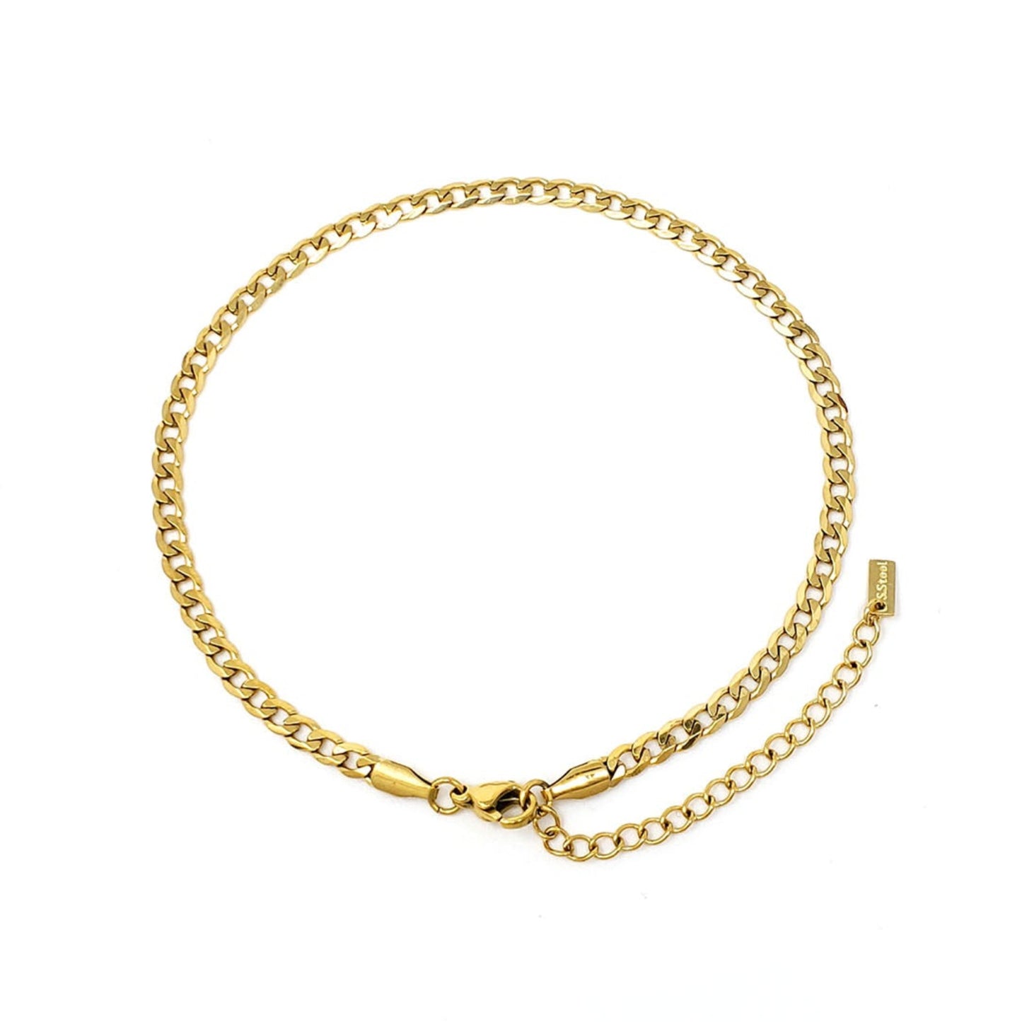 Gold chain ankle bracelet on a white background