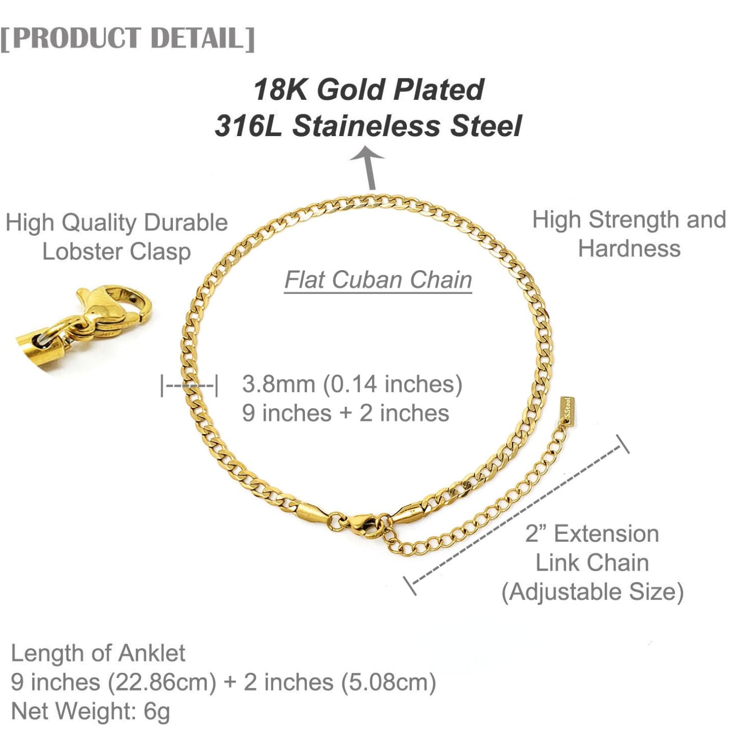 Gold Cuban ankle bracelet with detailed specifications on a white background