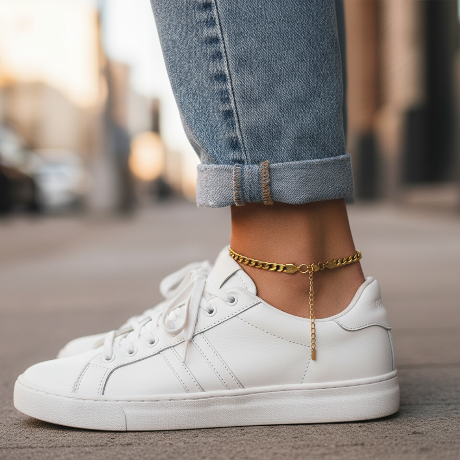 White sneakers worn with rolled-up jeans and a gold anklet on a blurred street background