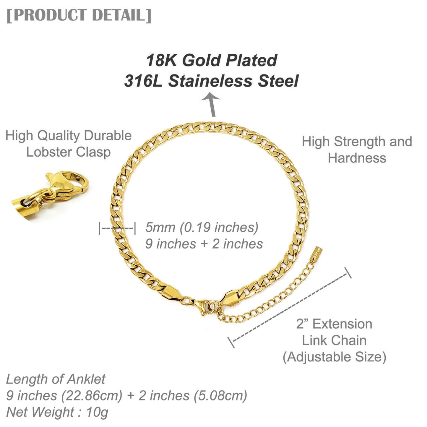 Gold bracelet with specifications on a white background
