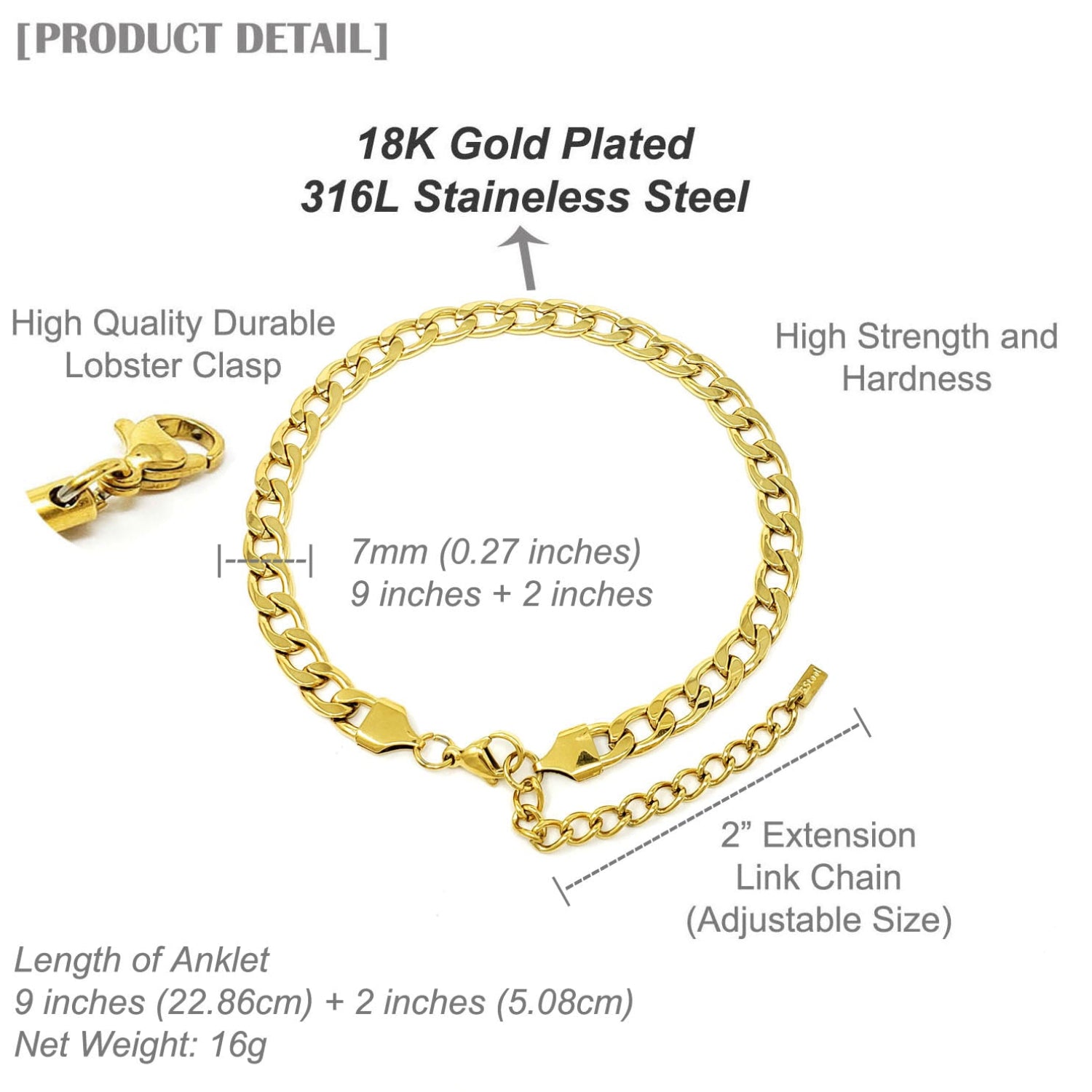 Gold bracelet with detailed specifications on a white background