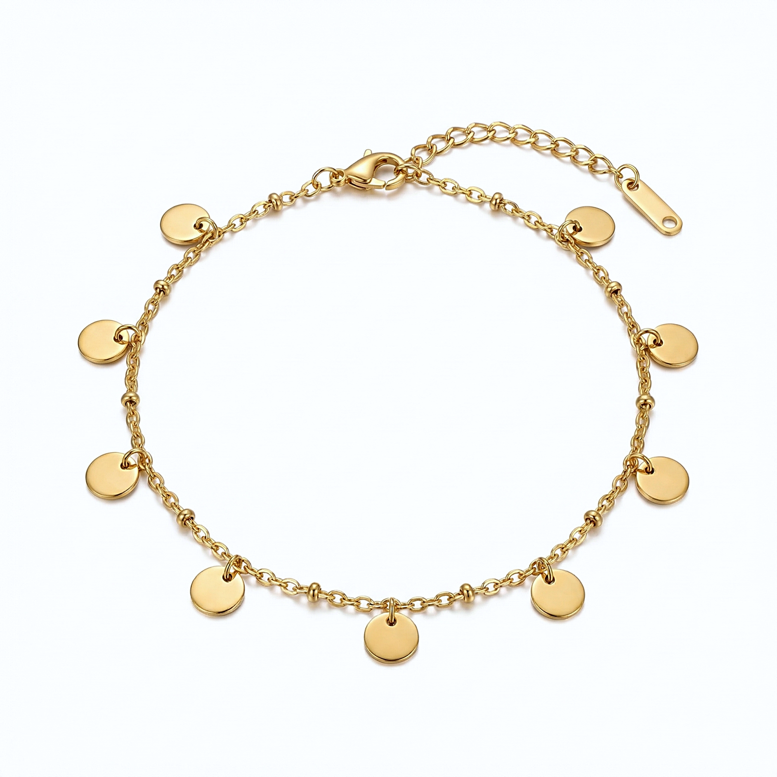 Gold Disc charms ankle bracelet with round pendants on a white background