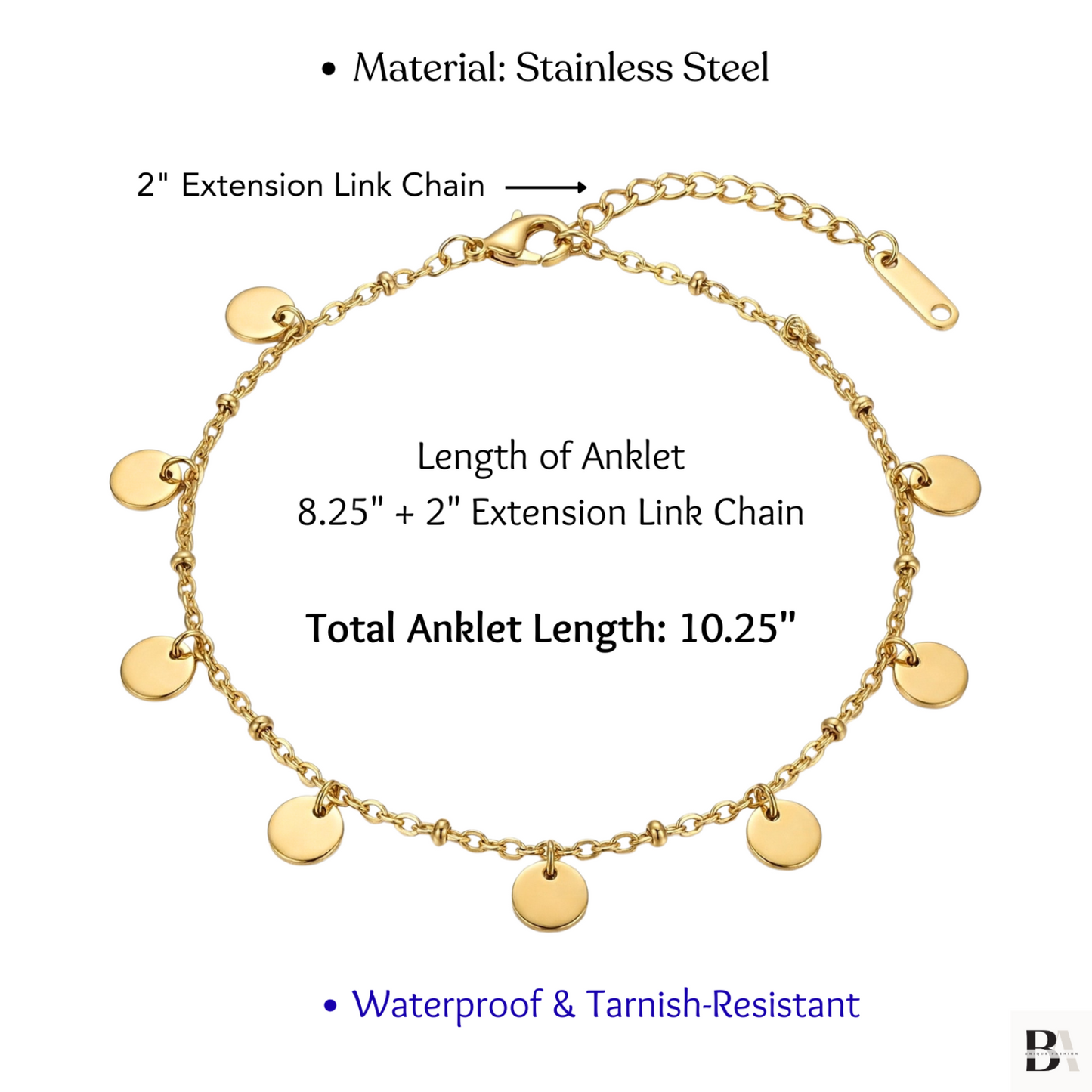 Gold anklet with round pendants and extension chain on a white background