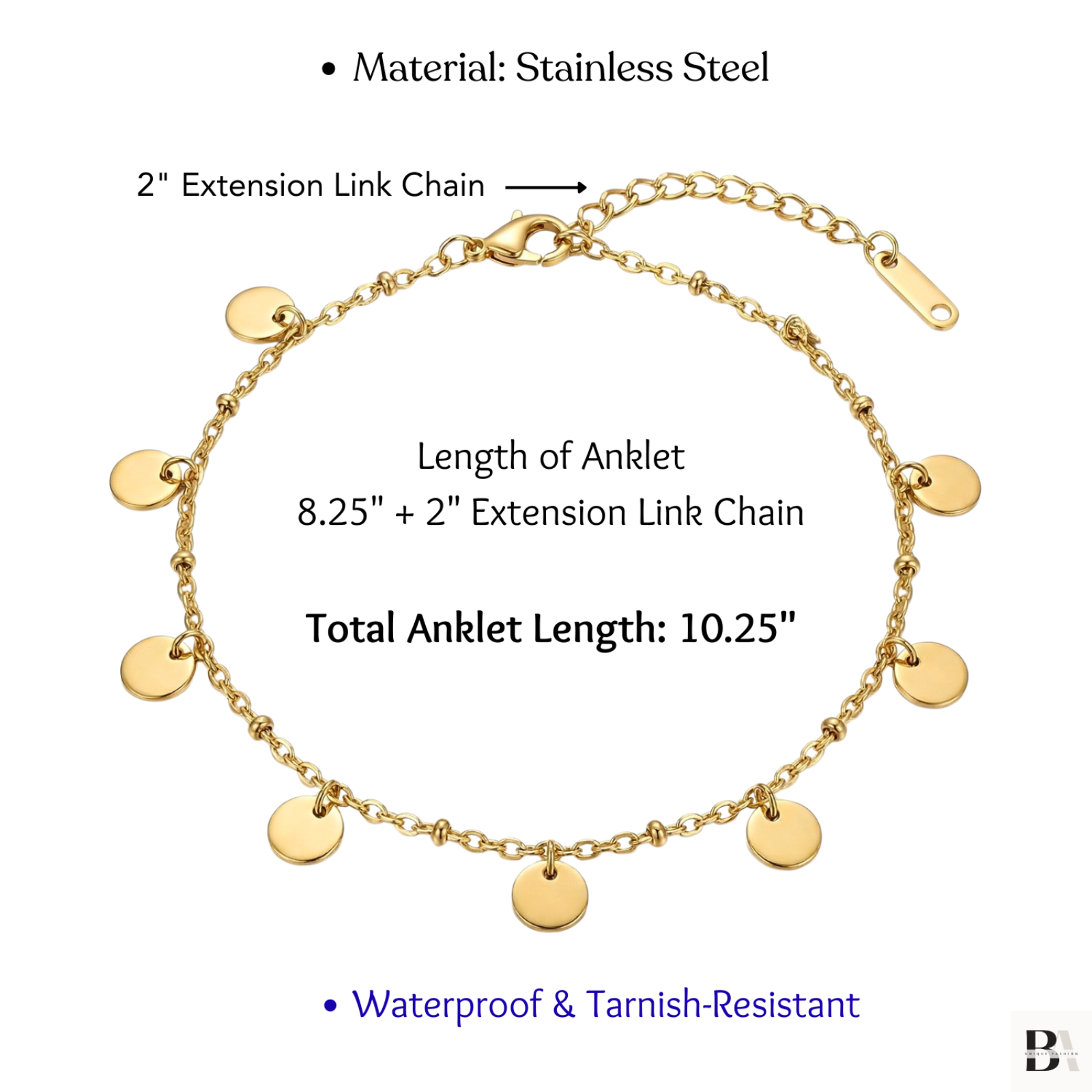 Gold anklet with round pendants and extension chain on a white background